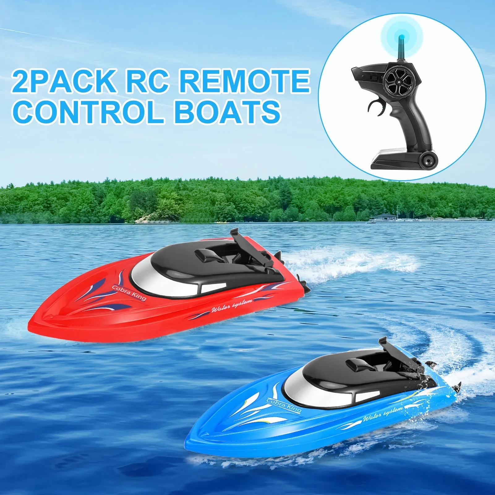 WHIZMAX 2PACK 10km/H 2.4G High Speed Remote Control Boats (Blue Red)